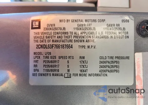 2006 Chevrolet Equinox Lt from USA, damaged, VIN 2CNDL63F766187664